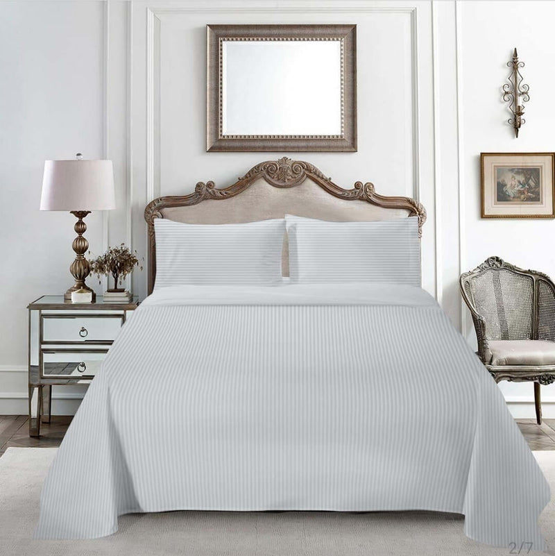 1200TC Bed Sheet Set - Thin Stripe Cotton Flat Sheet (Hotel White 2)