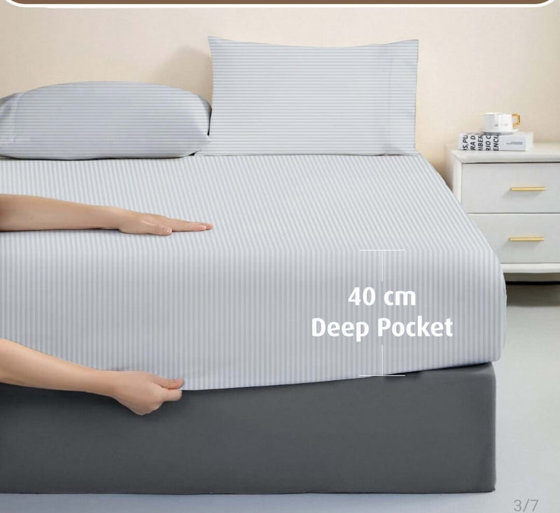 1200TC Bed Sheet Set - Thin Stripe Cotton Flat Sheet (Hotel White 2)