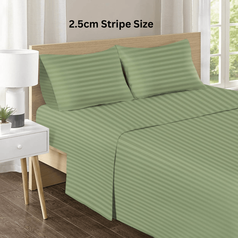1200TC Bed Sheet Set - Damask Stripe Cotton Flat Sheet (Olive Green)