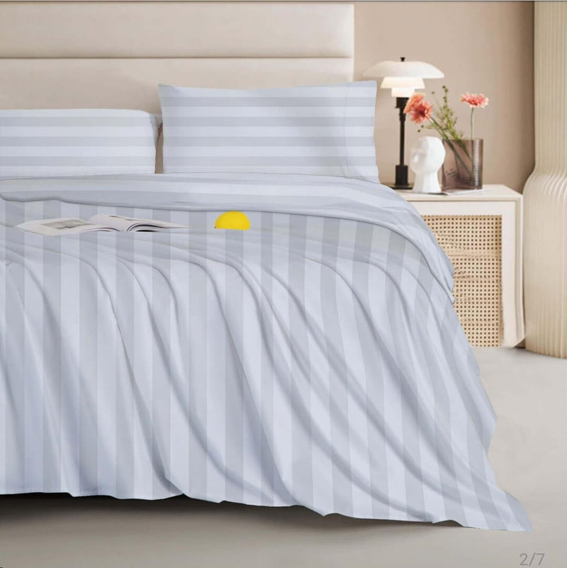 1200 Thread Count Bed Sheet Set - Wide Stripe Cotton Flat Sheet (Hotel White 1)